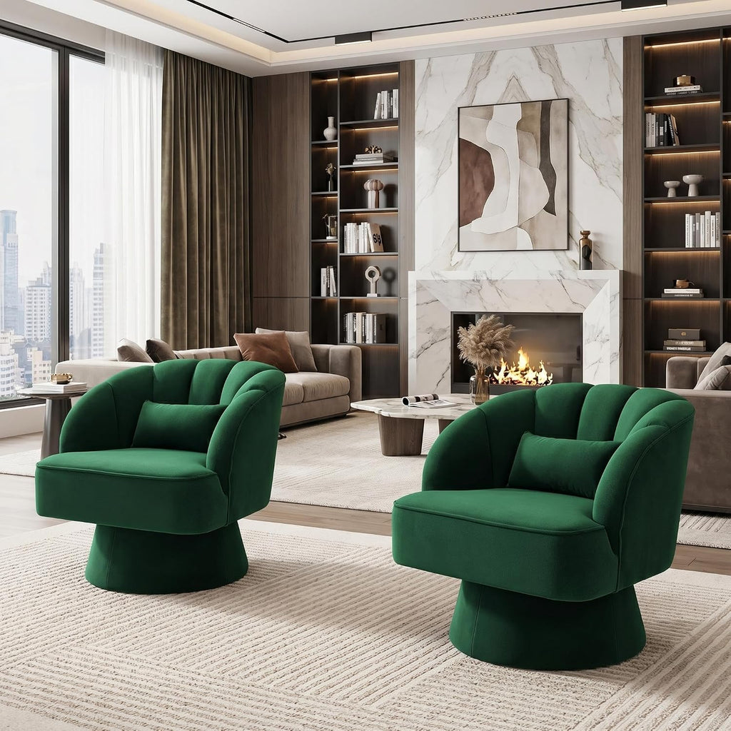 GarveeHome Modern 360° Swivel Velvet Barrel Accent Armchair – Striped Backrest & Plush Padding, Comfy Round Lounge Chair for Living Room, Bedroom, Reading Nook
