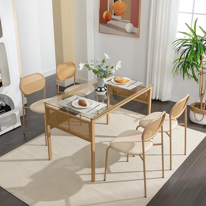 COSVALVE Boho 47 in Dining Table, Tempered Glass Tabletop with Rattan, Metal Legs, for Kitchen Dinner Living Room Reception