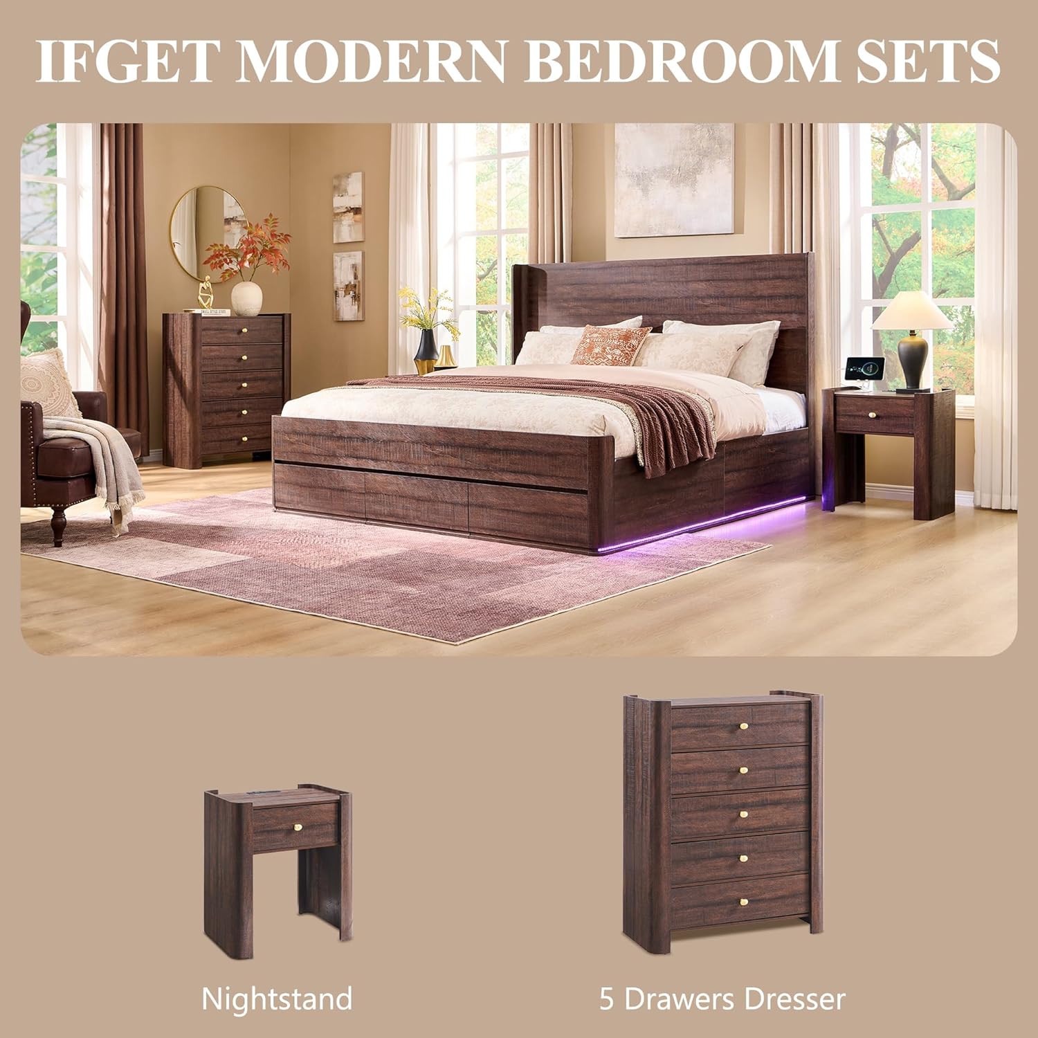 23.6" Tall Modern Nightstand with Charging Station, 22" Wide Curved Bedside Table with 1 Storage Drawer, Wooden Night Stand, Large End Table for Bedroom, Living Room, Brown