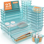 25 PCS Drawer Organizer Set, 4 Varied Size Bathroom and kitchen Drawer cabinet organizer Trays, Clear Storage Bins for Makeup, Jewelry, Utensils and Gadgets