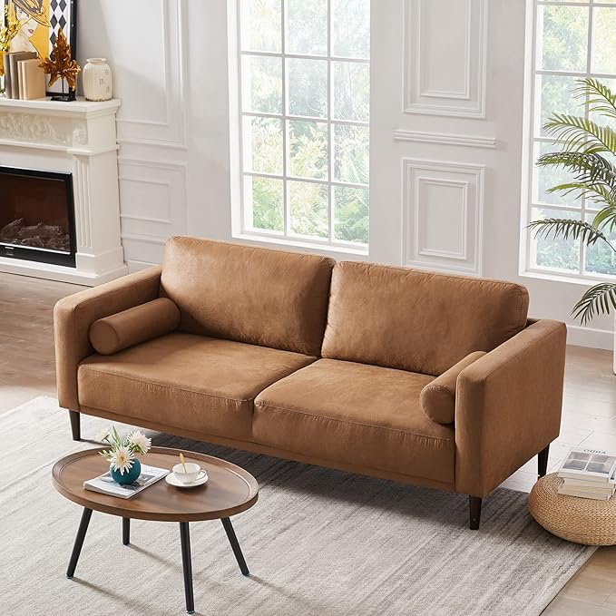 HIFIT 79" Sofa Couches for Living Room Mid-Century Modern Decor Faux Leather Couch with Deep Seat&Cloud Cushions&2 Pillow, 3 Seater Home Sofa Living Room Brown Loveseat for Office, Bedroom, Apartment