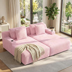 80'' Double Chaise Lounge Chair Indoor, Sofa with Cup Holders 4pcs Pillows | Luxanimarion Deep Seat Sofa with Cup Holders Oversized Boneless Bed for Living Room Bedroom, Corduroy Pink