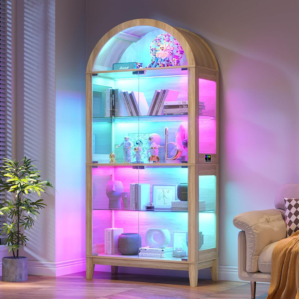 HNEBC Arched Display Case with RGB Lights, 69" Tall 5-Tier Tempered Glas...