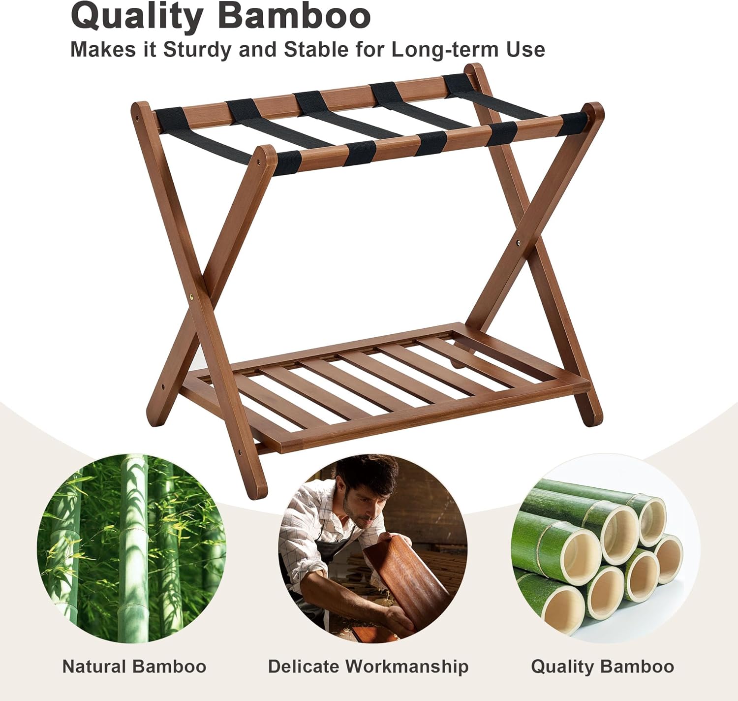 oakvivo Fully Assembled Walnut Luggage Racks Set of 2, Bamboo Luggage Rack Stand for Guest Room, 5 Nylon Straps, 26.77" Folding Suitcase Stand with Storage Shelf for Bedroom Hotel, Holds up to 165 Lbs