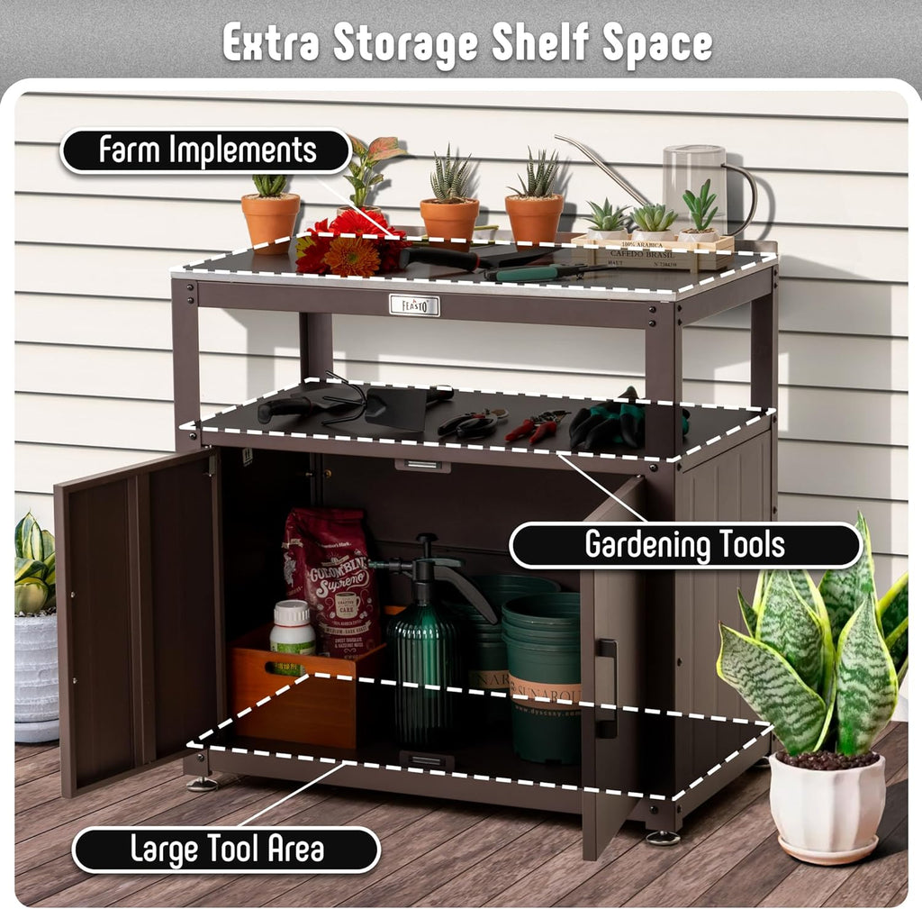 Garden Potting Bench with Storage Cabinet, Outdoor Gardening Table & Work Bench for Plants, Horticulture, Outdoor Workstation with Stainless Steel Tabletop, Outdoor Work Table