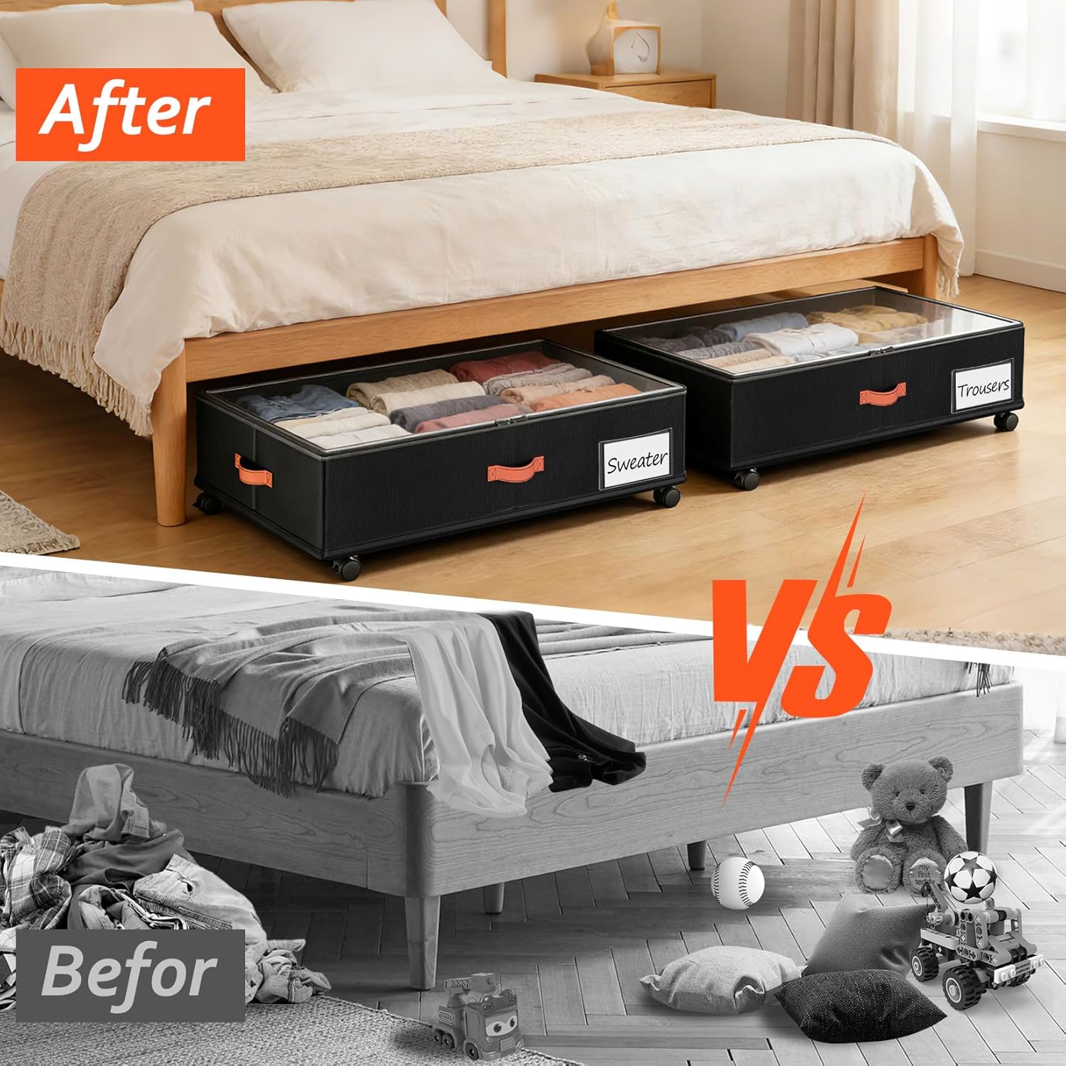 Under Bed Storage with Wheels 2-Pack, Under Bed Storage Containers 66L Clear Lids, Rolling Storage Drawers for Clothes Shoes Blankets, Underbed Organizer Bins(30" L x 16.2" W x 7.5" H)