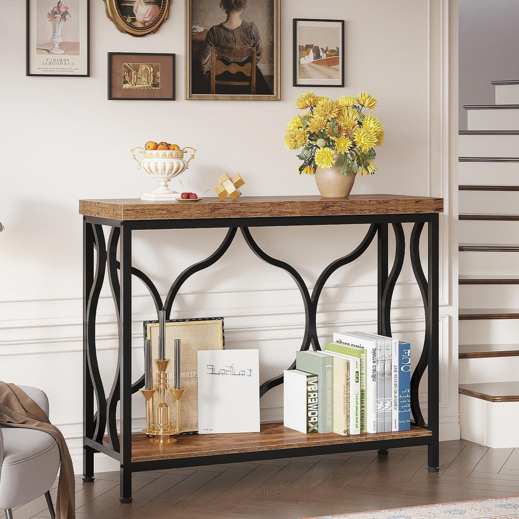 IBF 39.4" Console Sofa Table, Farmhouse Entryway Table Hallway Rustic Brown | Industrial Wood Metal Entry way Narrow Behind Couch Tables with 2-Tier Storage Shelves in Living Room Foyer Entrance