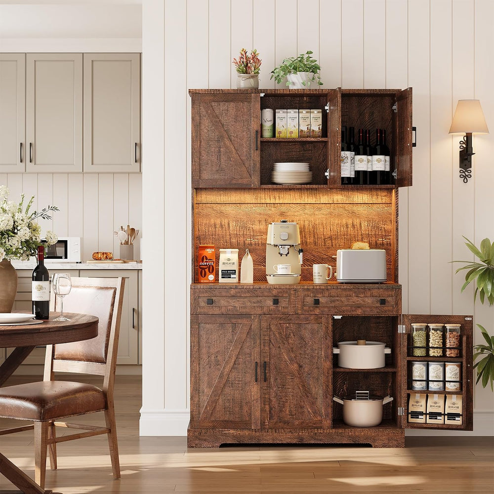 ELYKEN 71" Kitchen Pantry Storage Cabinet with Outlet & LED Lights, ...