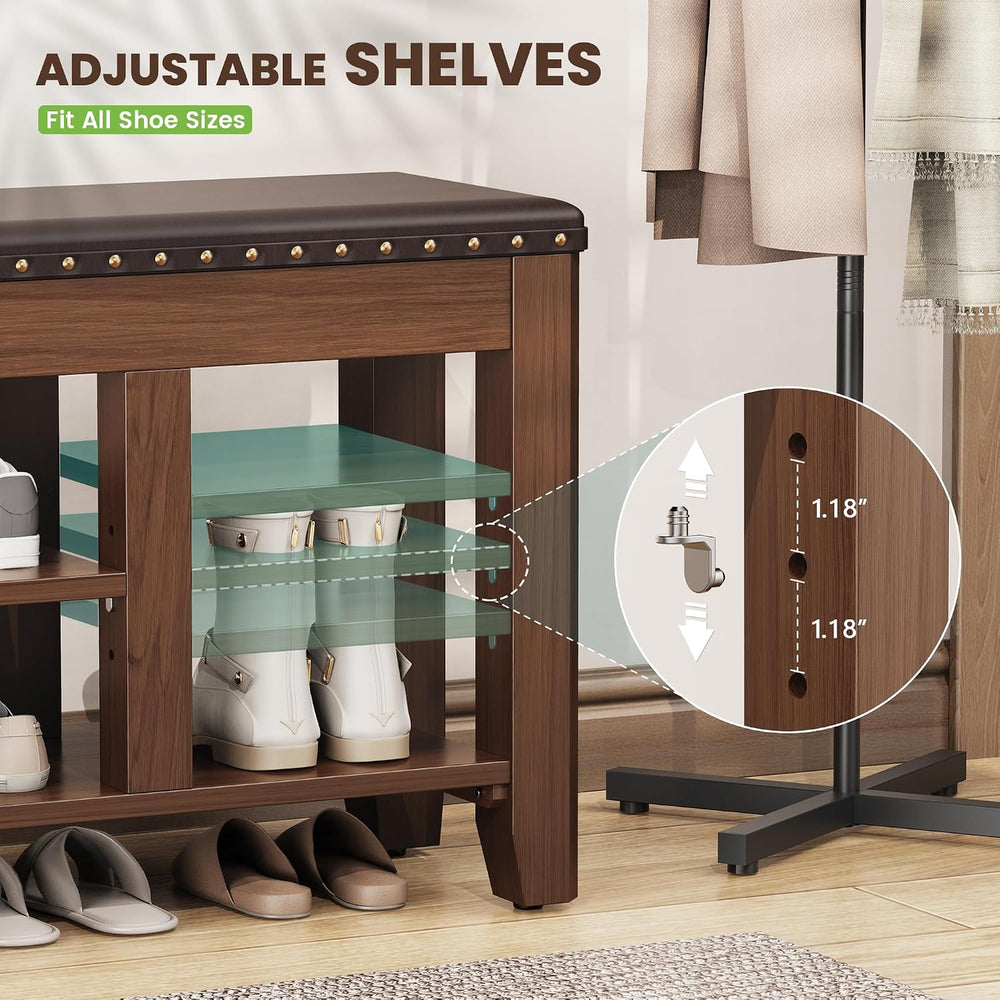 Shoe Bench for Entryway, Solid Rubberwood Shoe Bench with Hidden Storage, Adj...