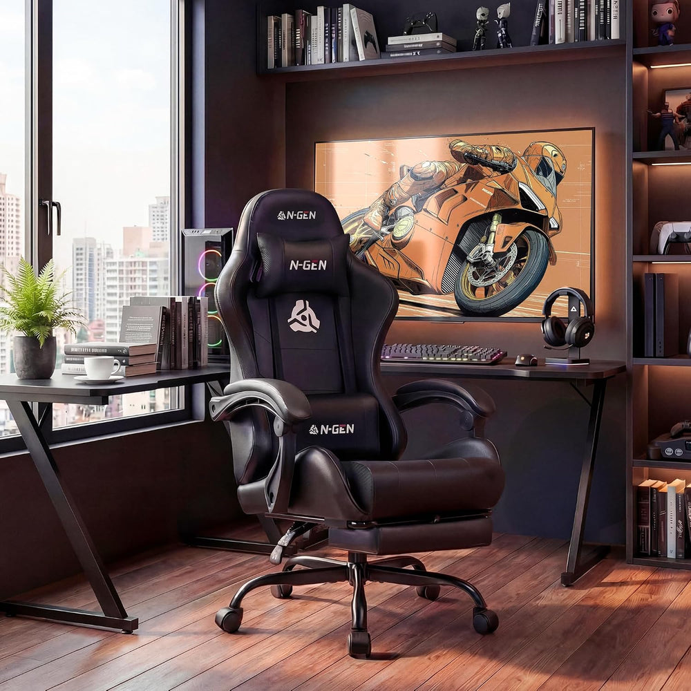 N-GEN GAMING Gaming Chair with Footrest, Lumbar, High-Back, All Black | Recli...