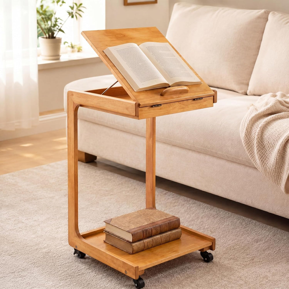 Solid Wood C Shaped End Table, Couch Table with Adjustable Desktop and 2 Lock...