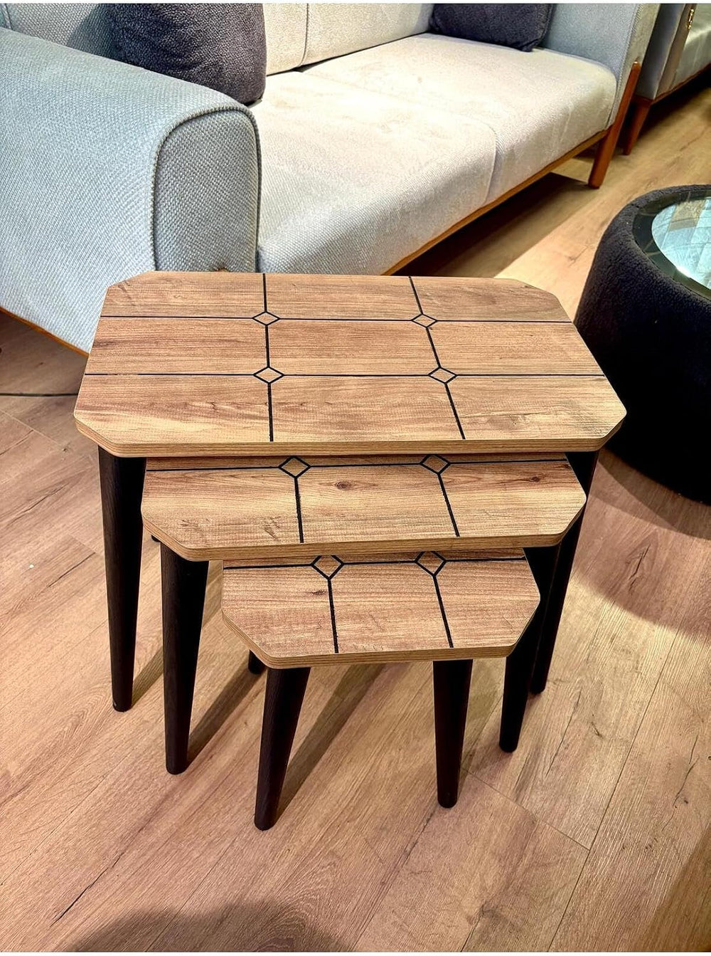3-Piece Nesting Side Table Set Antique Pine Wood Modern Style Rectangular Top...