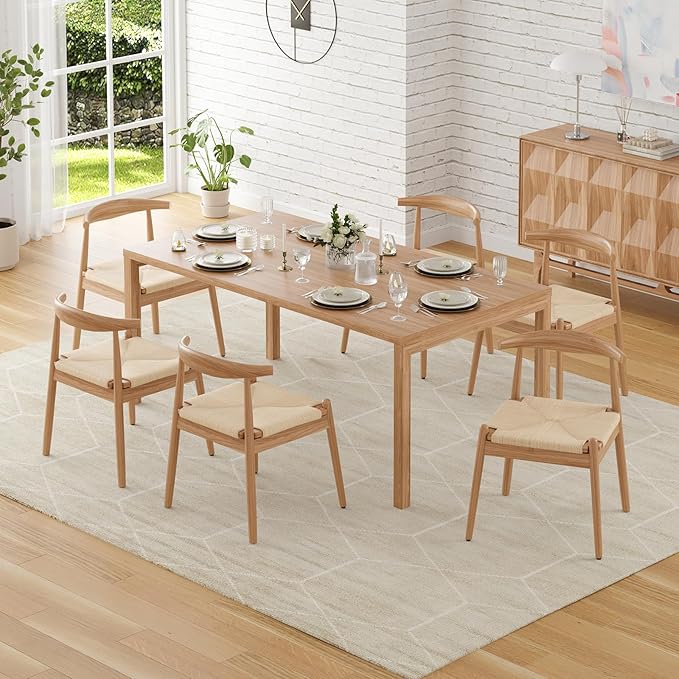 Farini Mid Century Modern Dining Chairs Set of 4, Solid Wood Frame Kitchen Chairs with Woven Upholstered Seat for Dining Room & Breakfast Nook,Natural-Beige