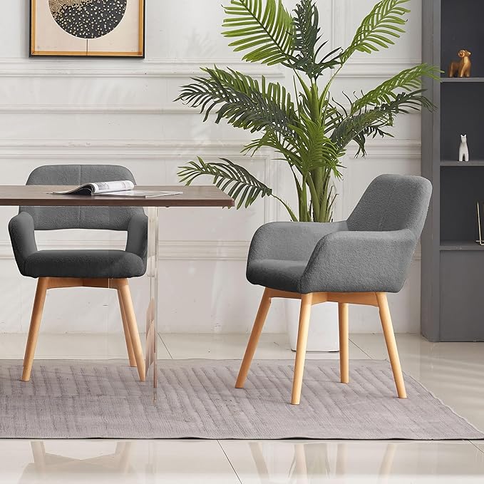 Mid Century Modern Dining Chairs Set of 2 & 4 & 6 Comfy Accent Chair Upholstered Kitchen Dining Living Room Chairs for Bedrooms Waiting Room Home Arm Desk Chair No Wheels (Wool Dark Gray, 2)