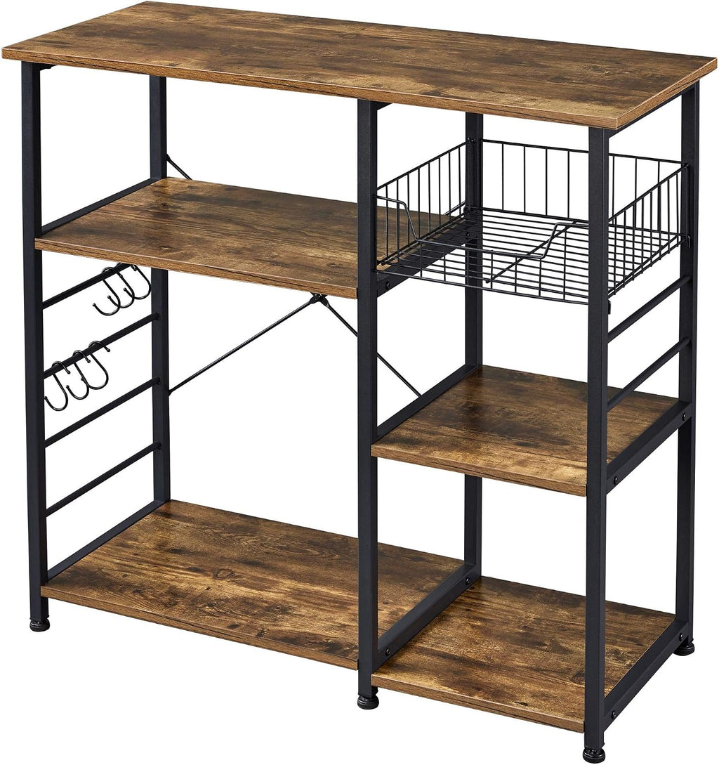 Topeakmart Metal Frame Baker's Rack with Wire Basket,Rustic Brown | Engineered wood shelves with side hooks,Microwave Stand for kitchens,dining rooms,Coffee Bar,and offices