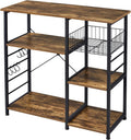 Topeakmart Metal Frame Baker's Rack with Wire Basket,Rustic Brown | Engineered wood shelves with side hooks,Microwave Stand for kitchens,dining rooms,Coffee Bar,and offices