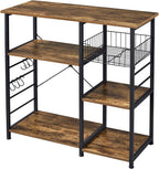 Topeakmart Metal Frame Baker's Rack with Wire Basket,Rustic Brown | Engineered wood shelves with side hooks,Microwave Stand for kitchens,dining rooms,Coffee Bar,and offices