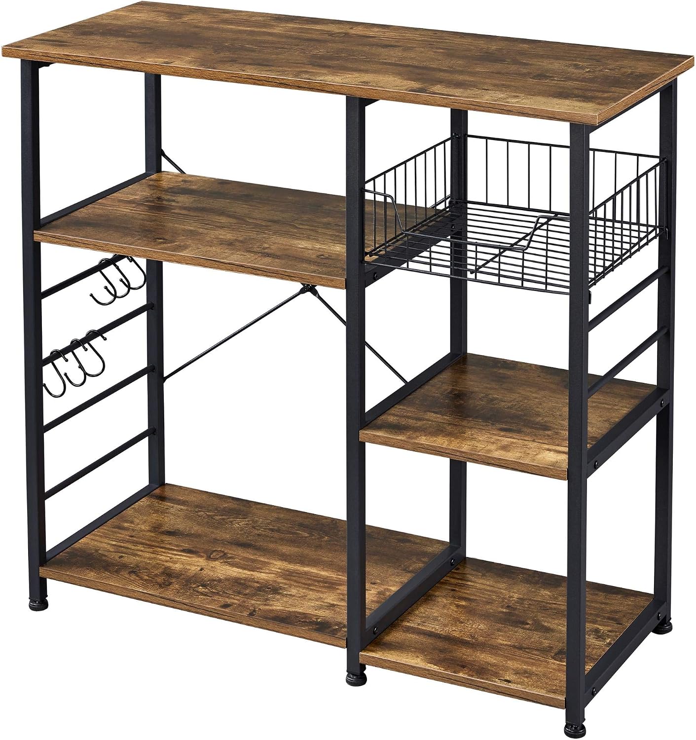 Topeakmart Metal Frame Baker's Rack with Wire Basket,Rustic Brown | Engineered wood shelves with side hooks,Microwave Stand for kitchens,dining rooms,Coffee Bar,and offices