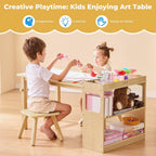 Bateso Kids Art Table and 2 Chairs Set with Roll Paper & Storage, Wooden Kid Craft Table for Drawing, Learning and Reading, Toddler Activity Play Desk for Home, Playroom or Classroom
