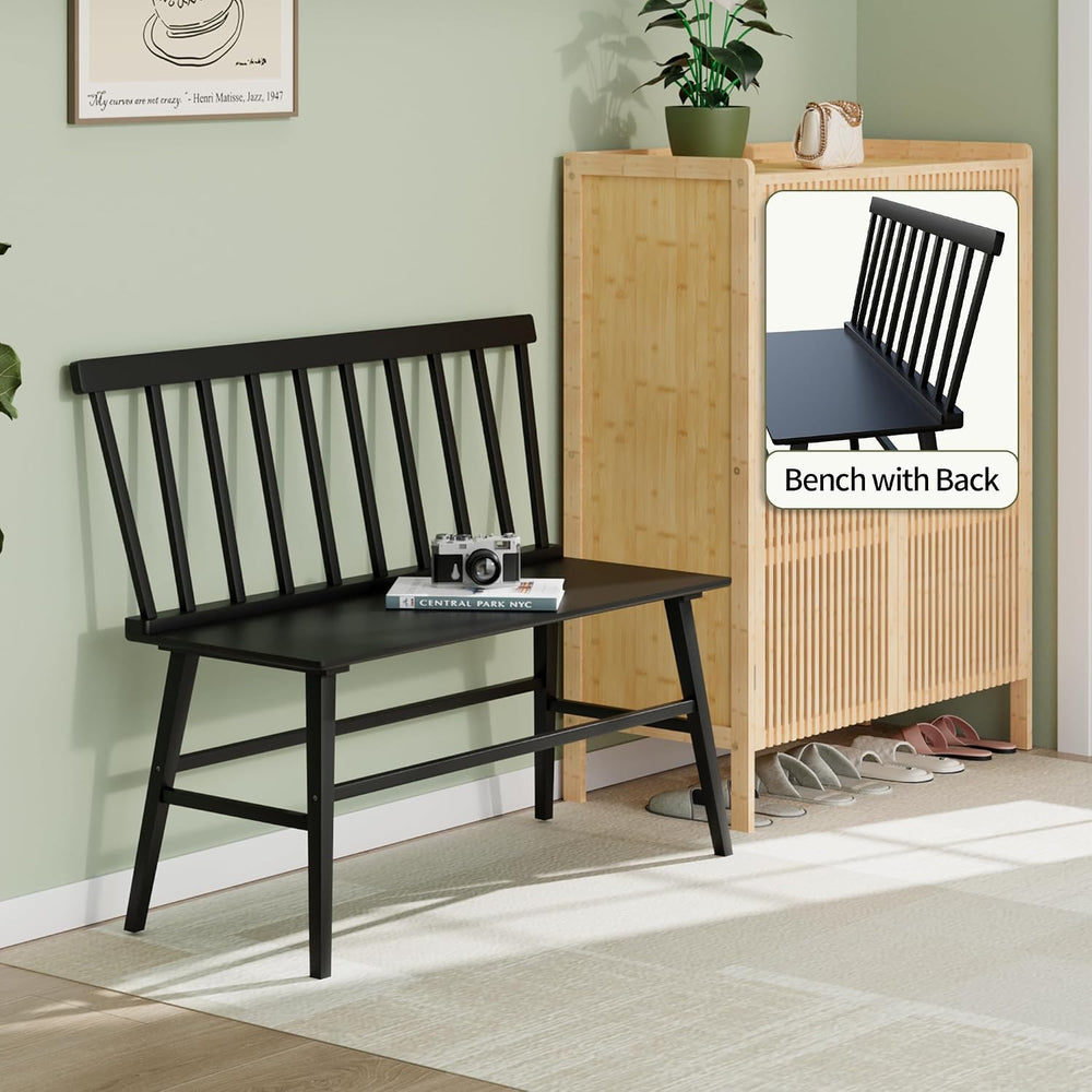 APRTAT Bamboo Entryway Bench, Dining Bench with Spindle Back (Black) | Natura...