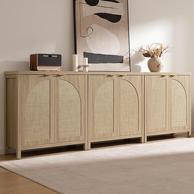 SICOTAS 68" W Rattan Sideboard Buffet Cabinet with Storage Set of 2, Mid Century Modern Credenza with Arch Doors & Shelves Boho Coffee Bar Media Console Cabinets for Kitchen, Living Room, Entryway