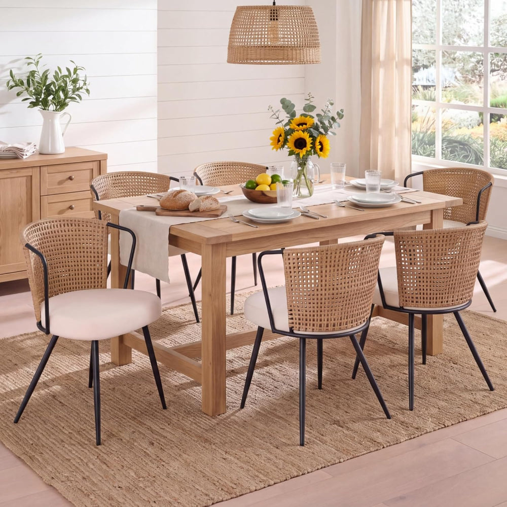 BedsPick Rattan Dining Chair Set of 6 - Farmhouse Upholstered PE Rattan Kitch...