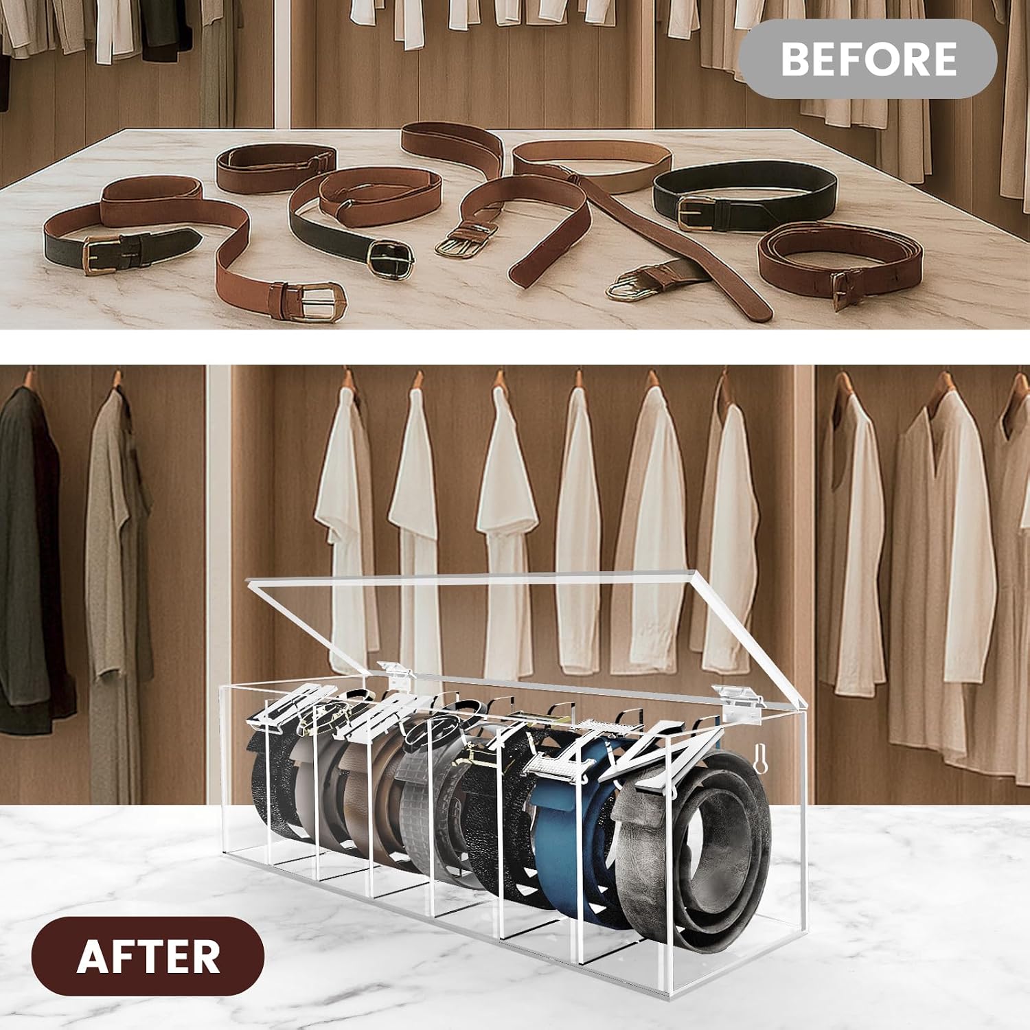 Acrylic Belt Organizer with Flap Dust Cover – 7-Compartment Clear Storage Case for Belts, Ties & Bow Ties | Closet & Drawer Display Holder for Men & Women