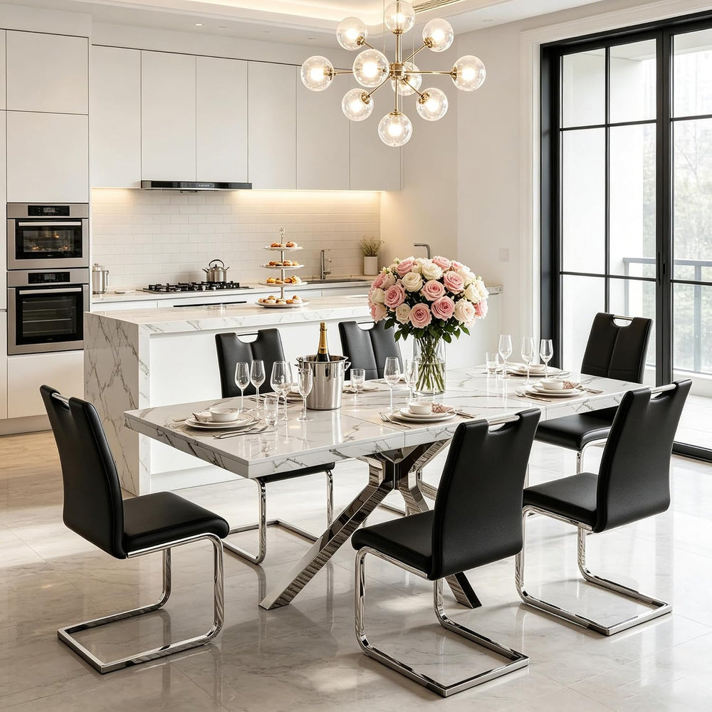 Faux Marble Dining Table Set for 6, Modern Kitchen Table Chairs Set 6, 70&quo...