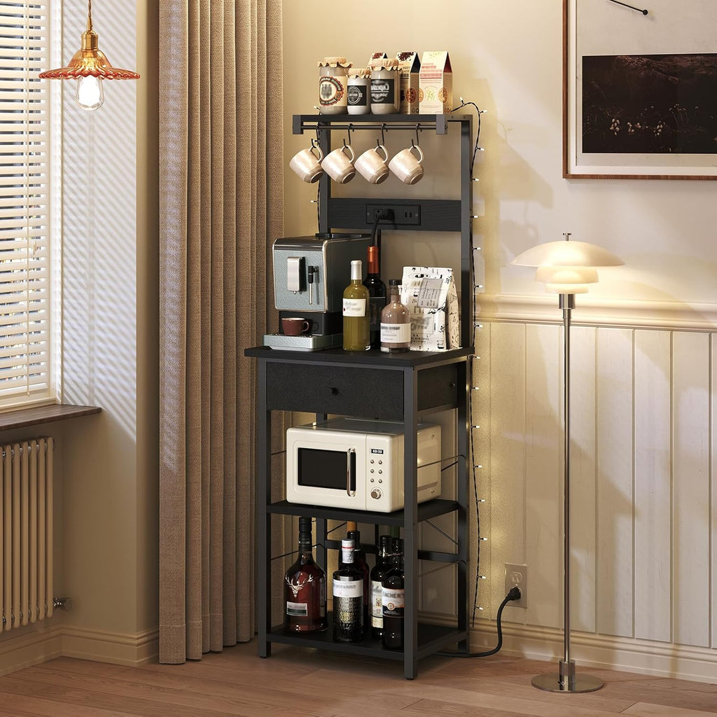 MAHANCRIS Bakers Rack with Drawer, Microwave Stand with Power Outlet, Coffee Bar Station with 4 Hooks, Kitchen Storage Shelf Rack 4 Tiers, for Kitchen, Dining Room, Black BRBK48E01