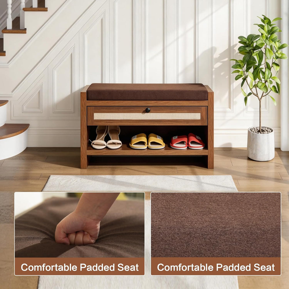 VipDesk Rattan Shoe Bench with Storage Drawer and Cushion Seat, Walnut Wood E...