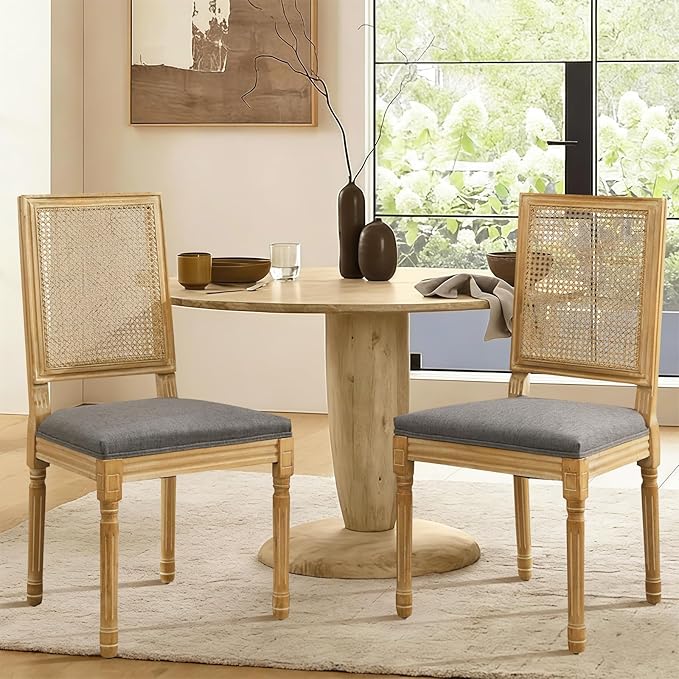 Dining Chairs Set of 2 for Dining Room & Kitchen, French Country Rattan Cane Back Chairs with Linen Upholstered Seat and S-Spring Support, Dark Gray