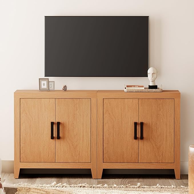 WAMPAT Farmhouse TV Stand for TVs up to 65 Inch, Rustic Wood Entertainment Center & Media Console with 4 Storage Doors, Accent Cabinet for Living Room, Hallway, Rustic Mocha