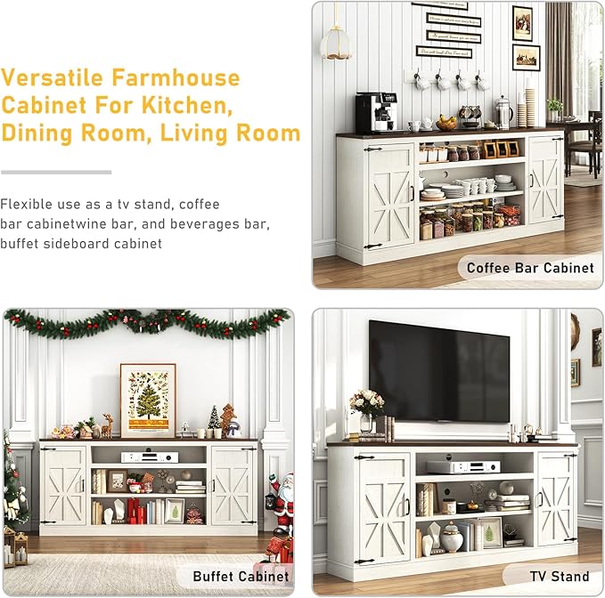 75" Farmhouse TV Stand with Power Outlets for 85 Inch TVs, 33" Tall Entertainment Center with Storage Cabinets w/Adjustable Shelves, Rustic Large TV Media Console, Rustic White