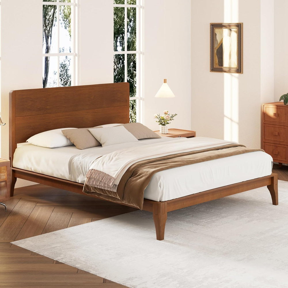 Merax Queen Mid Century Modern Bamboo Wood Bed Frame with Headboard, Brown