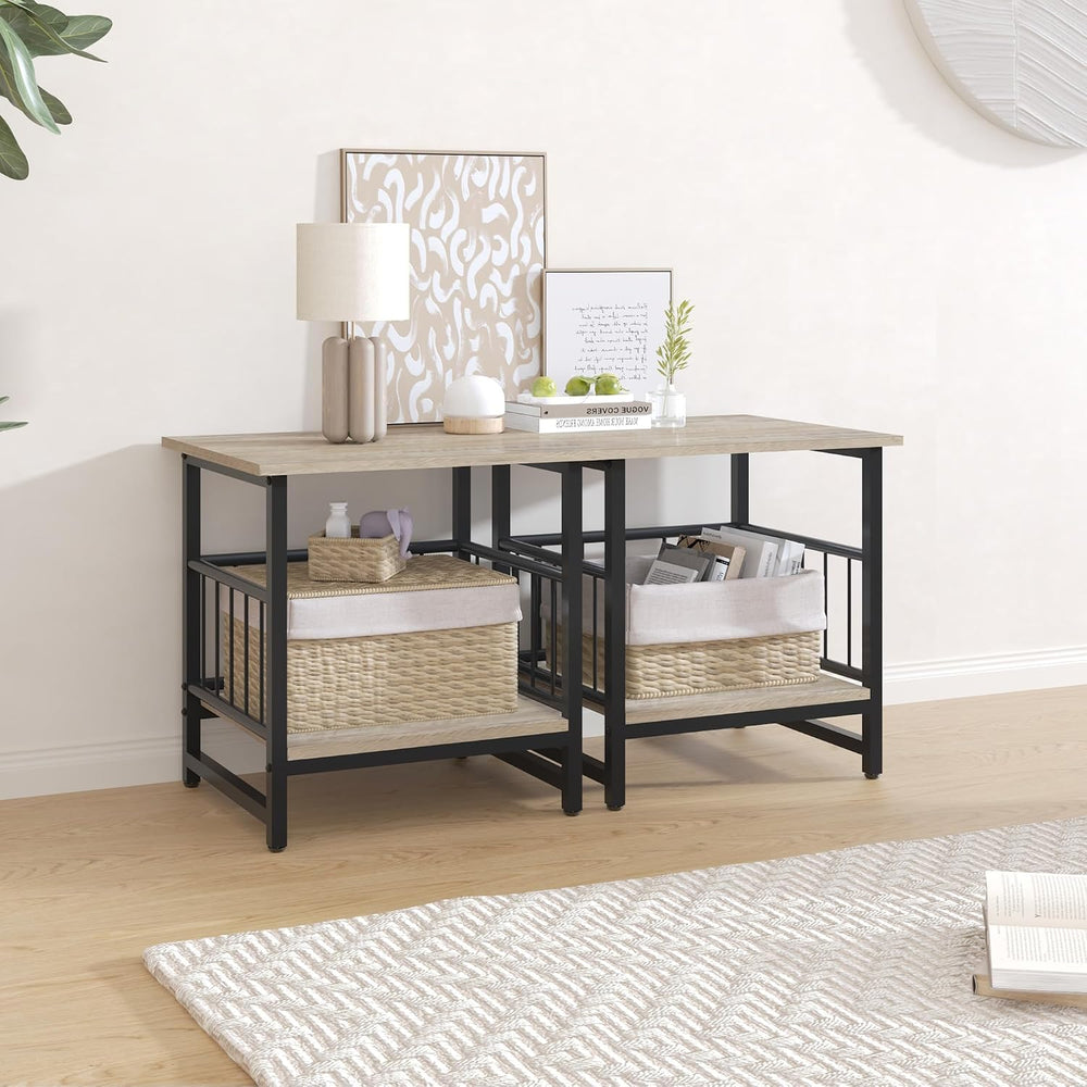 EazeHome 18" Square End Table with Storage Shelf, 2 Tier Rustic Side Tab...