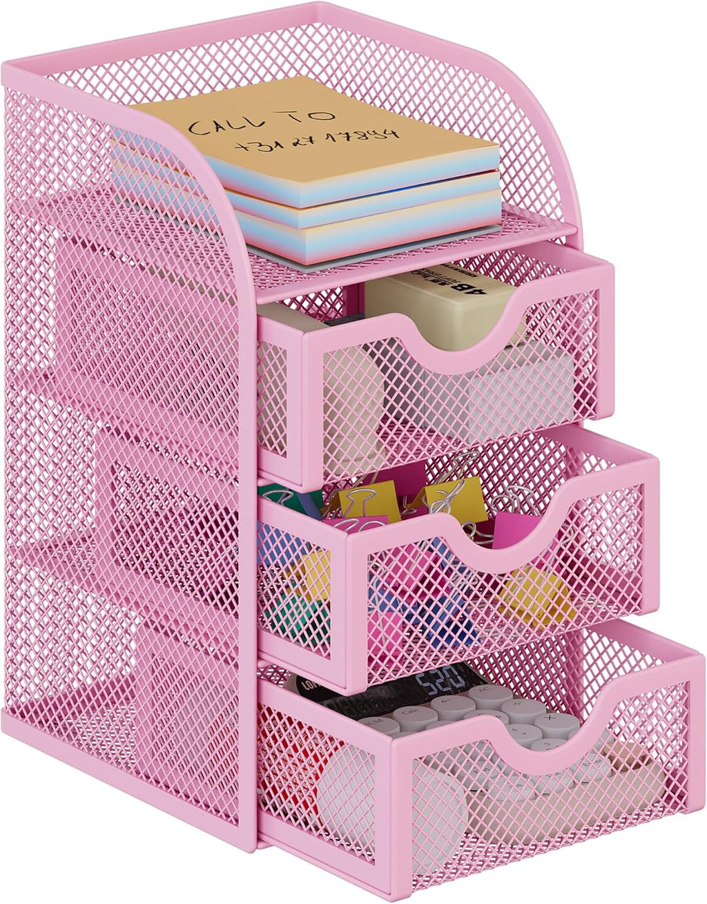 EasyPAG Mesh Desk Organizer with 3 Drawer Office Desktop Organizers and Accessories Stationery Caddy for Office, Home, Students, Pink