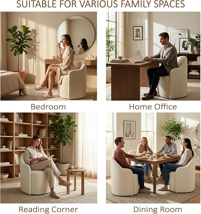 Upholstered Dining Chairs with Casters, No Assembly Modern Dining Room Chairs Accent Vanity Chair with 5 Wheels & Round Backrest for Bedroom, Living Room, Dressing, Linen Fabric, Set of 4