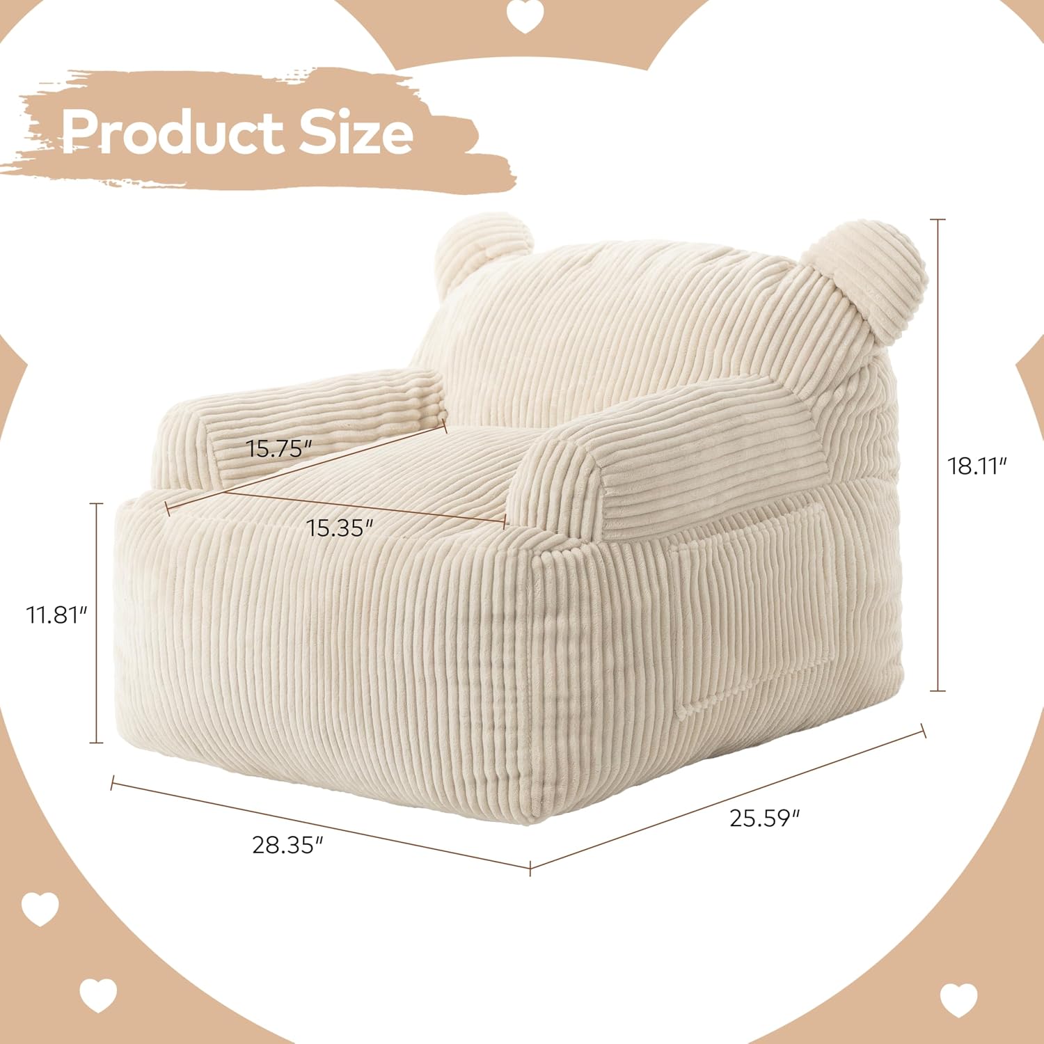 Kids Bear Ear Bean Bag Chair, Stuffed Toddler Sofa Chair with Pocket, Lazy Floor Chair for Boys and Girls, for Gaming, Reading, Nursery Playroom Bedroom