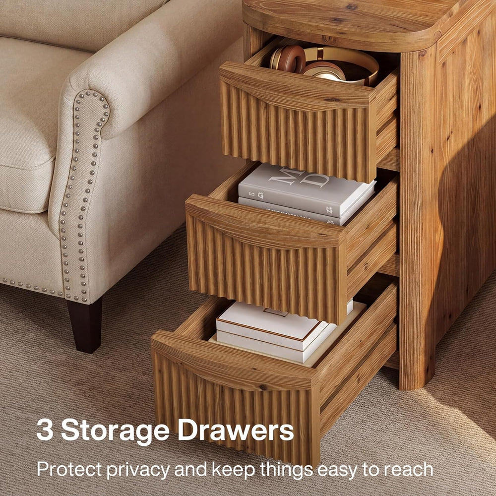 Solid Wood End Table with 3 Drawers, 24" Farmhouse Fluted Narrow Side Ta...