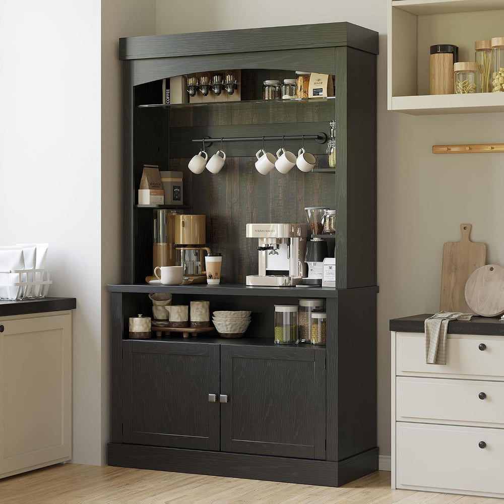 Takywep Tall Coffee Hutch with LED Lights Tall CoffeeBar Cabinet Farmhouse Bu...