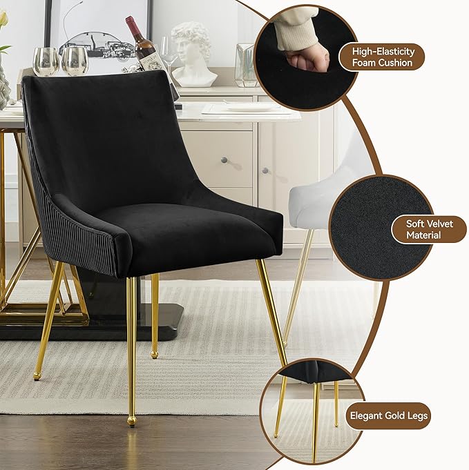 Velvet Dining Chairs Set of 6 Gold Legs,Upholstered Velvet Accent Chairs, Pleated Back Design & Gold Pull Handle, Mid Century Modern Chairs for Dining/Kitchen/Living Room,Black