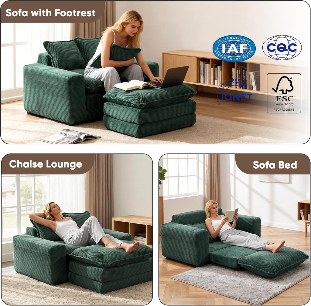 58" Sofa Bed with Ottoman, 3 in 1 Convertible Sofa Bed Folding Corduroy Boneless Sleeper Loveseat Mattress Futon Pull Out Couch Bed for Apartment Bedroom Living Room No Assembly 58-Green-L