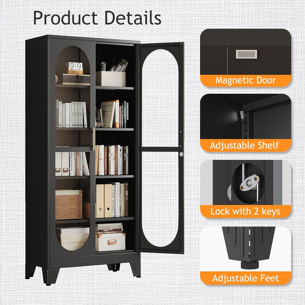 PAOFIN 71" H Locking Display Cabinet with Glass Door, Metal Curio Cabine...