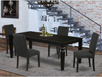 East West Furniture LGDR5-BLK-24 5 Piece Dining Set Includes a Rectangle Dining Room Table with Butterfly Leaf and 4 Black Color Linen Fabric Upholstered Chairs, 42x84 Inch, Black