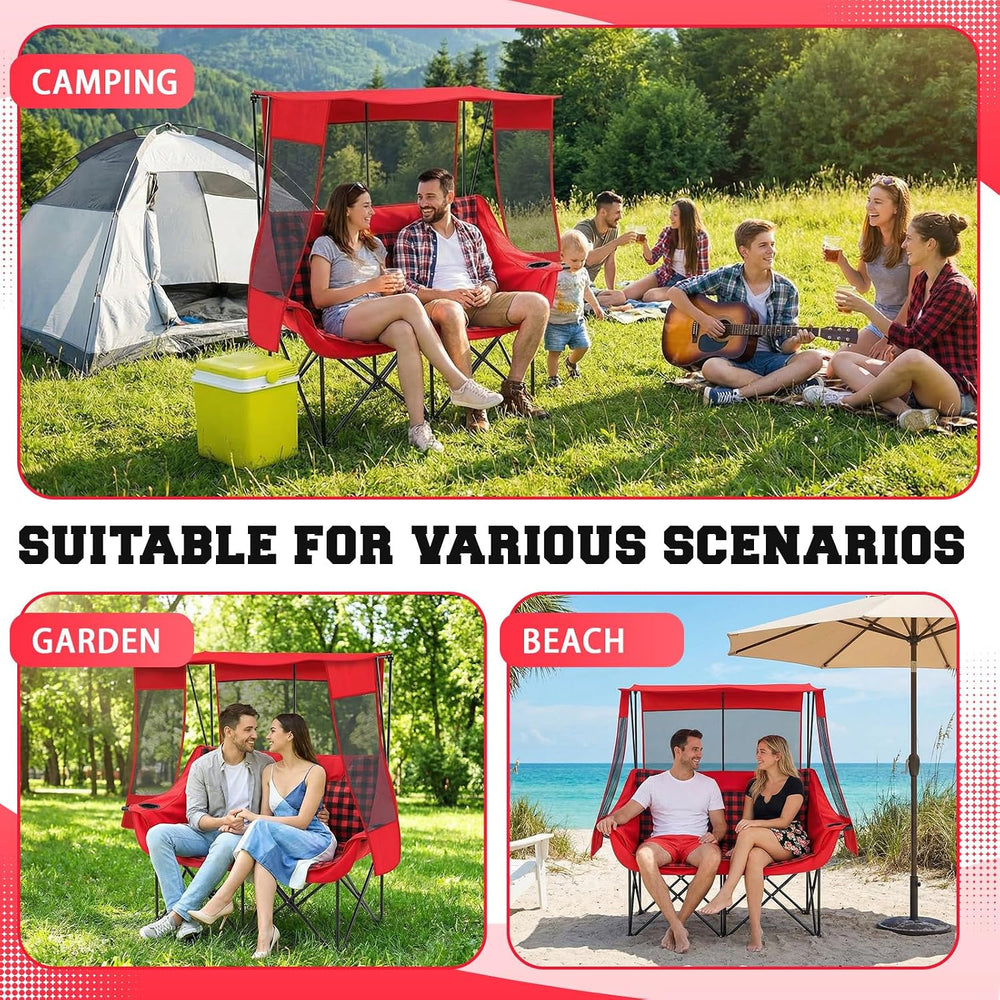 Teenyyou Double Camping Chair with Canopy - 2 Person Beach Chair with UV Sun ...