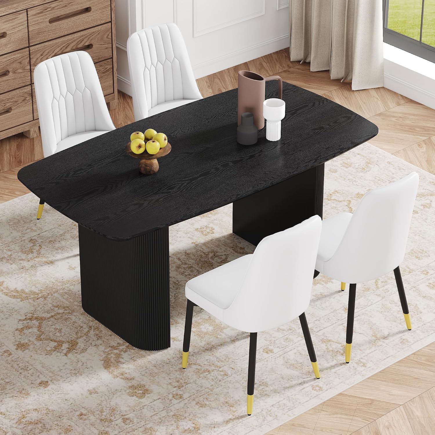 Ebullient Modern Dining Table Set for 4, 67'' Black Oval Dining Table Set with 4 Metal Chairs, 3.5'' Thick Wood-Grain Top and Matte Black Wood Base, Space-Saving 5 Piece Kitchen Table Set