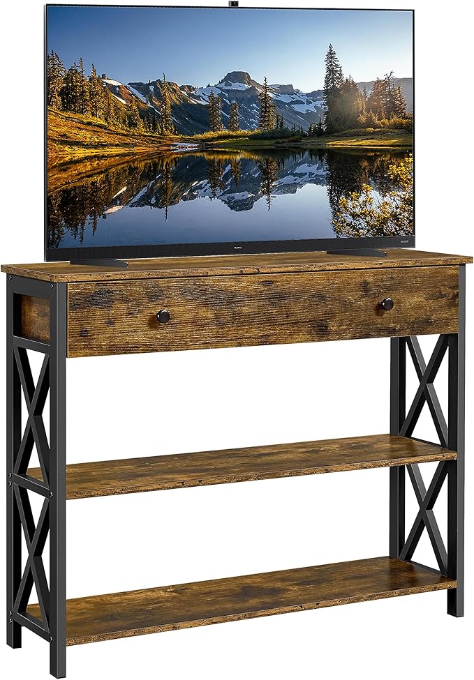 Yaheetech TV Stand for TV up to 45 inch, Entertainment Center with Drawer, Media Console Table with Storage Shelves, for Living Room, Metal Frame, Rustic Brown