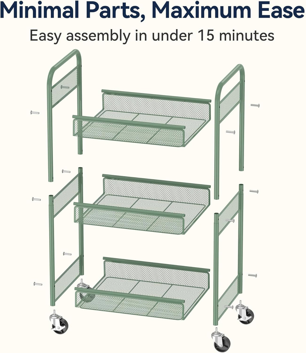 YASONIC 3 Tier Rolling Cart – Metal Utility Storage Carts with Wheels, Craft Carts Organizer with Hanging Cups, Hooks, Mesh Basket for Bedside Kitchen Office Art, Green