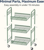 YASONIC 3 Tier Rolling Cart – Metal Utility Storage Carts with Wheels, Craft Carts Organizer with Hanging Cups, Hooks, Mesh Basket for Bedside Kitchen Office Art, Green