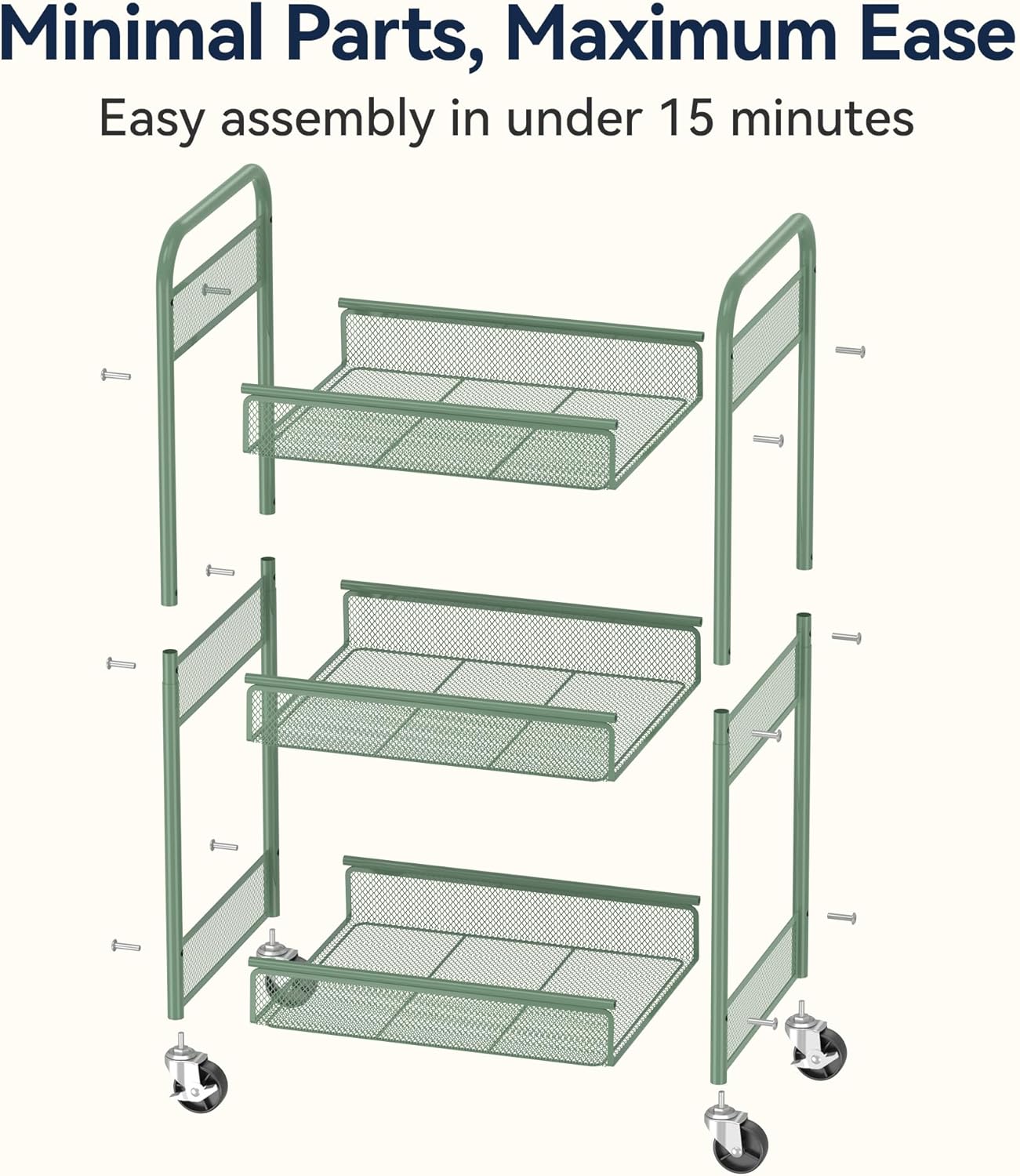 YASONIC 3 Tier Rolling Cart – Metal Utility Storage Carts with Wheels, Craft Carts Organizer with Hanging Cups, Hooks, Mesh Basket for Bedside Kitchen Office Art, Green